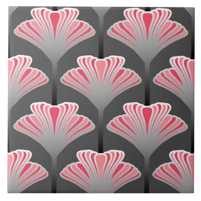 Art Deco Lily, Grey / Grey and Coral Pink Tile (Front)