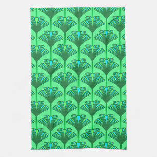 Art Deco Lily, Jade Green and Turquoise Kitchen Towel