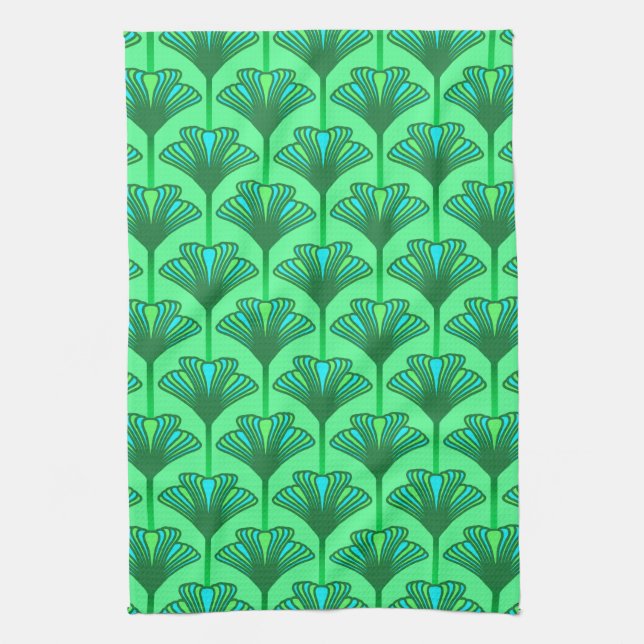 Art Deco Lily, Jade Green and Turquoise Kitchen Towel (Vertical)