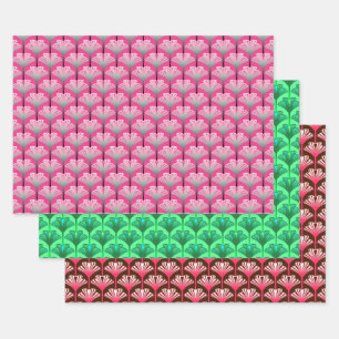Art Deco Lily, Pink, Jade Green, Brown & Coral Wrapping Paper Sheet