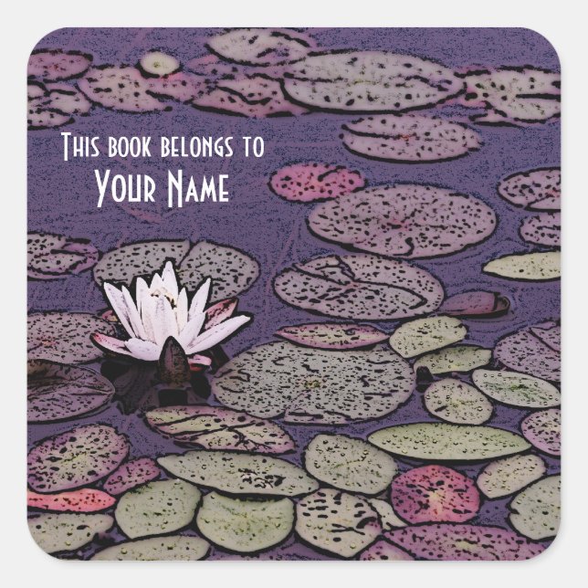 Art deco lily pond library bookplate square sticker (Front)