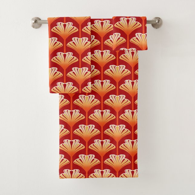 Art Deco Lily, Tangerine Orange and Gold Bath Towel Set (Insitu)