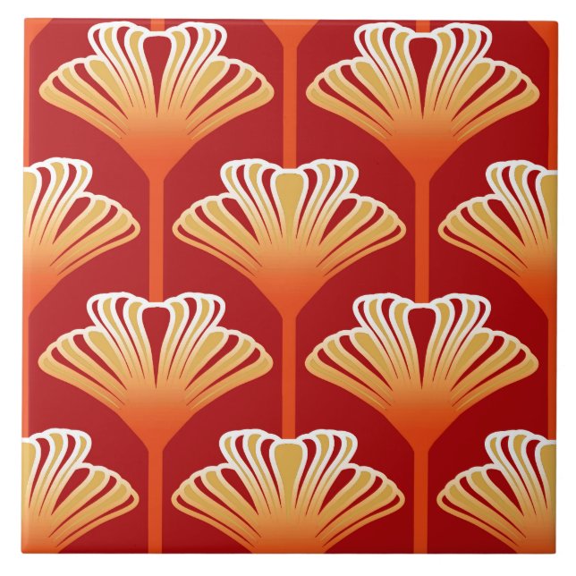 Art Deco Lily, Tangerine Orange and Gold Tile (Front)