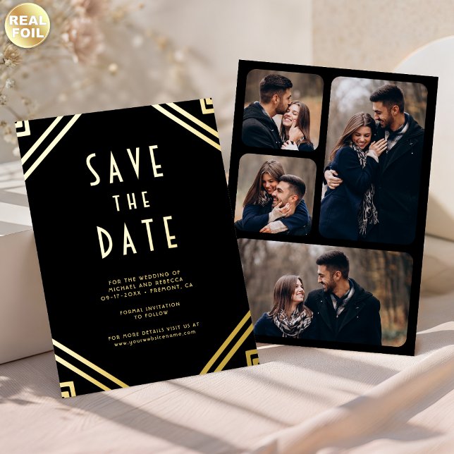Art Deco Lines Black Gold Wedding Save the Date (Creator Uploaded)