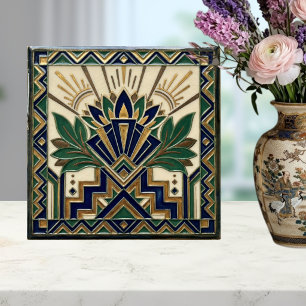 Art Deco Lotus Floral Navy Blue Gold Green Pattern Tile