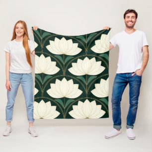 Art Deco Lotus Flowers on Golden Fan shapes Fleece Blanket