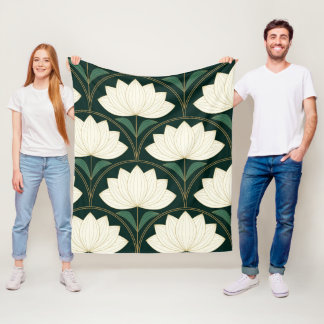 Art Deco Lotus Flowers on Golden Fan shapes Fleece Blanket