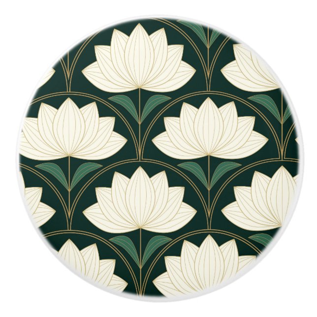 Art Deco Lotus Flowers on Golden Fans Pattern  Ceramic Knob (Front)