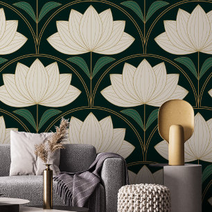 Art Deco Lotus Flowers on Golden Fans Pattern Wallpaper