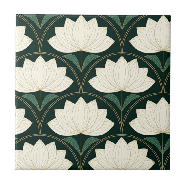 Art Deco Lotus Flowers on Golden Fans  Tile (Front)