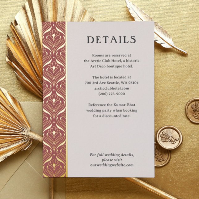 Art Deco Lotus Gold Wedding Details Enclosure Card (art deco wedding details enclosure card, indian wedding invitation suite, gold foil hotel info card)