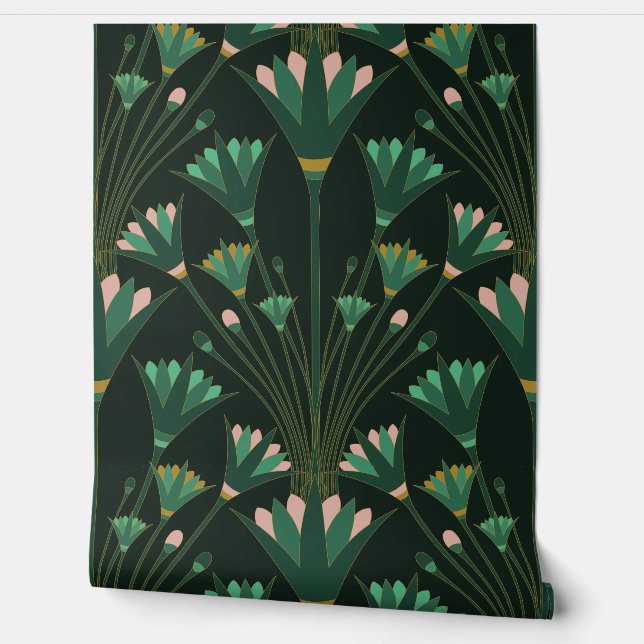 Art Deco Lotus - Scallop Lotus - Emerald Green Wallpaper (Unrolling)
