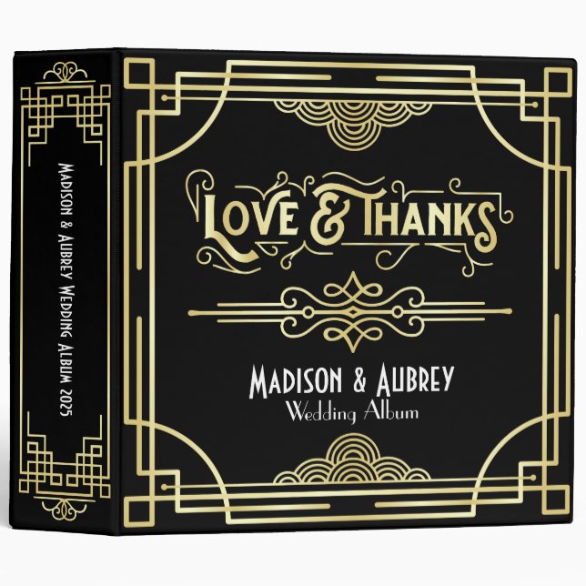 Art Deco Love & Thanks Gold Black Wedding Album Binder (Front/Spine)