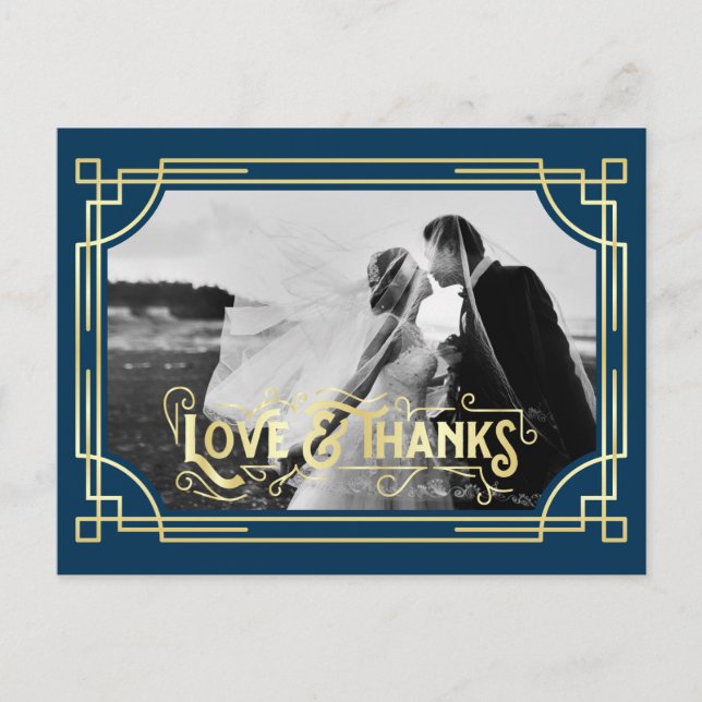 Art Deco Love & Thanks Gold Dark Blue Thank You Postcard (Front)