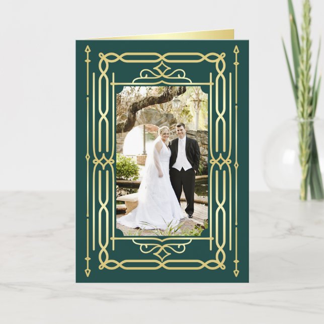 Art Deco Love & Thanks Gold Green Photo Thank You (Front)