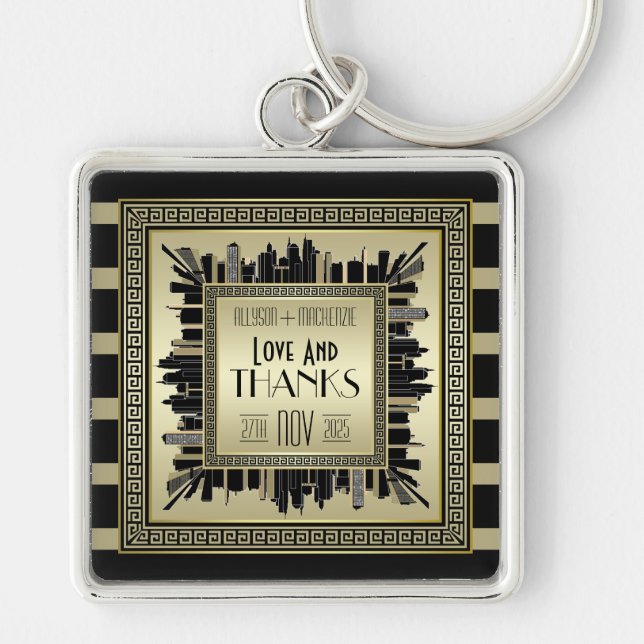 Art Deco Love & Thanks Wedding Champagne Gold Glam Keychain (Front)