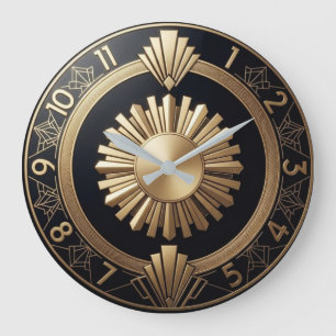 Art Deco Luxury Black and Gold Sunburst Large Clock