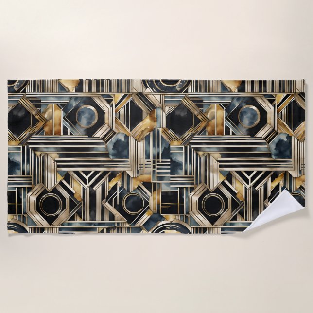 Art-deco marble Black and gold Jazzy Geometric Des Beach Towel (Front)