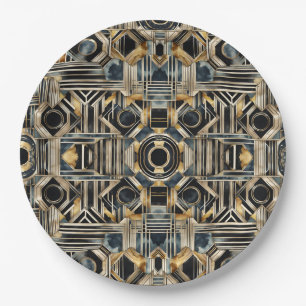 Art-deco marble Black and gold Jazzy Geometric  Paper Plate