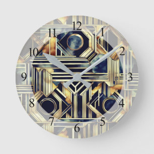 Art-deco marble Black and gold Jazzy Geometric  Round Clock