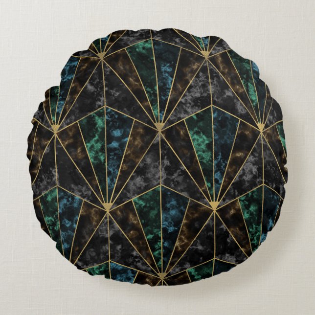 Art Deco Marble: Malachite Luxury Round Pillow (Front)