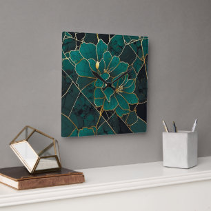 Art Deco Marble Mosaic Floral Emerald Green & Gold Square Wall Clock