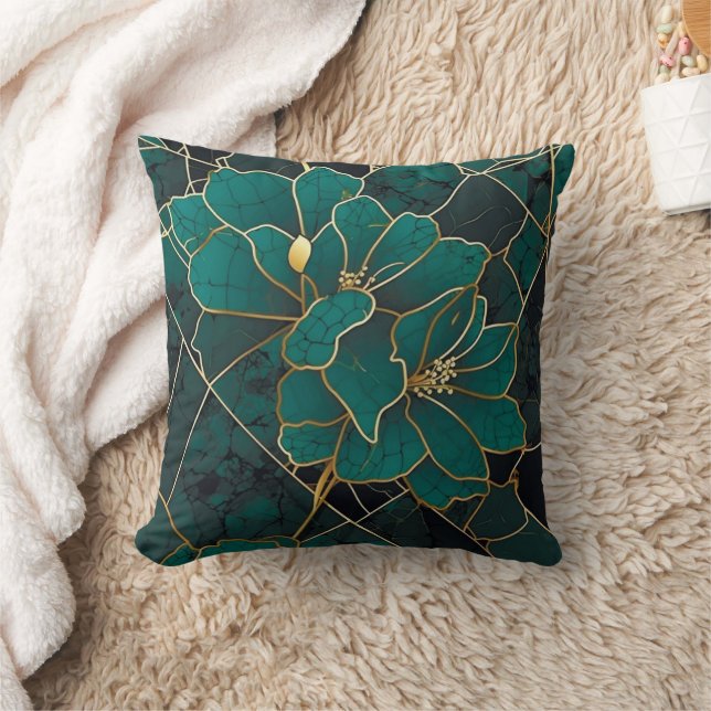 Art Deco Marble Mosaic Floral Emerald Green & Gold Throw Pillow (Blanket)