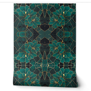 Art Deco Marble Mosaic Floral Emerald Green & Gold Wallpaper