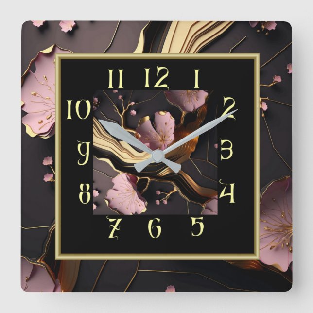 Art Deco marble pink and black decorative Square Wall Clock (Front)