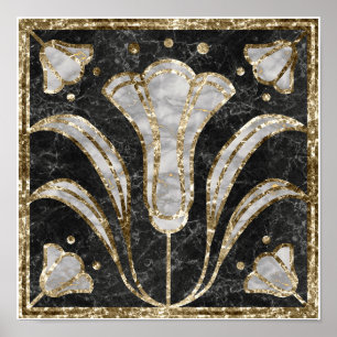 Art Deco Marble Tile Floral. Bluebell flowers Poster