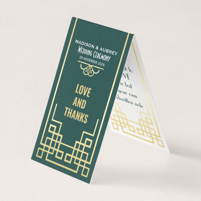 Art Déco Mariage Amour & Merci Gold Green Favorise (Front)