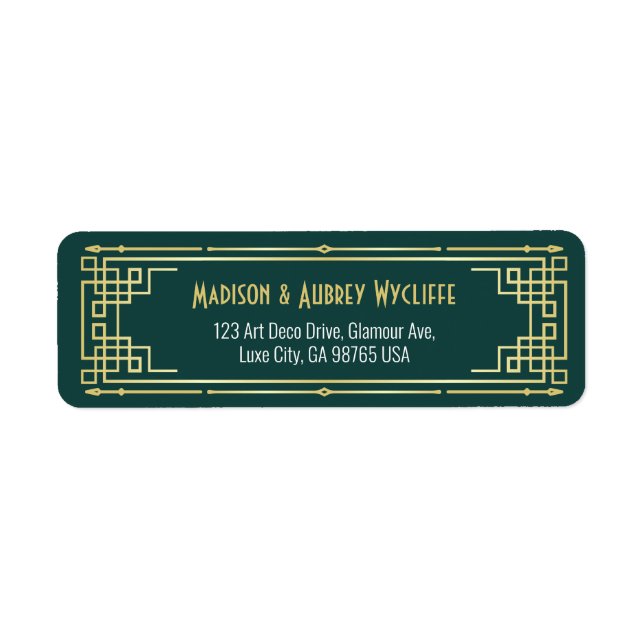 Art Déco Mariage Elegant Gold Green Adresse de ret (Devant)