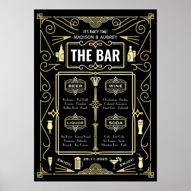 Art Déco Mariage Gold Black Great Gatsby Bar Menu (Devant)