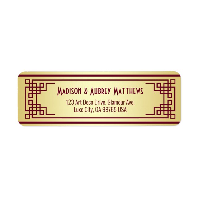 Art Deco Mariage Gold Burgundy Adresse de retour (Devant)