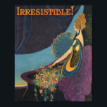 Art Deco Mavis Perfume Advertisement Poster<br><div class="desc">Vintage art deco design of woman with a shower of blossoms and the caption "Irresistible!"  Colourful purples,  blues and golds. Vintage Mavis Perfume.</div>