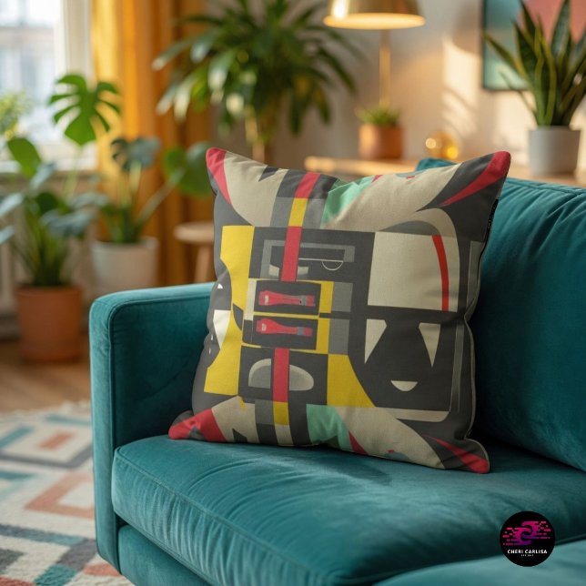 Art Deco Meets Mid-Century Modern Throw Pillow (Mid-Century Modern color meets bold Art Deco geometry in one striking accent pillow.)
