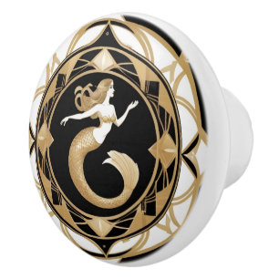 Art Deco Mermaid Black White Gold Ceramic Knob