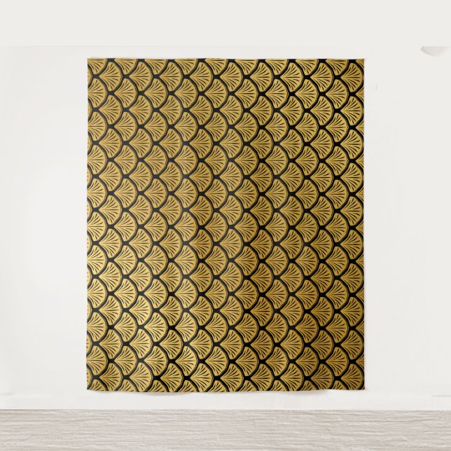 Art Deco Mermaid Scales - Black & Gold Tapestry (Front)