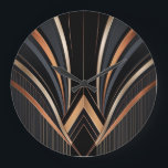 Art Deco Metallic Geometric Elegance Large Clock<br><div class="desc">This abstract Art Deco design exudes luxury and sophistication with its sweeping metallic arcs in gold, copper, and grey against a deep black background. Symmetrical curves converge towards a central focal point, framed by sharp angular lines and vertical patterns, evoking glamour and retro elegance. Perfect for elevating home decor, office...</div>