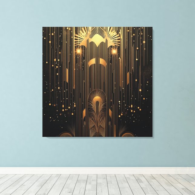 Art Deco Metallic Gold Rain on Black Stylish Canvas Print (Insitu(Wood Floor))