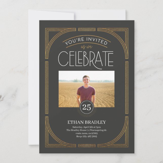 Art Deco Milestone (Faux Gold) Invitation (Front)