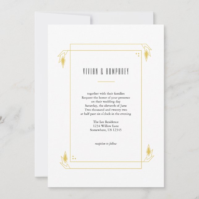 Art Deco Minimal Golden Yellow Wedding Invitation (Front)