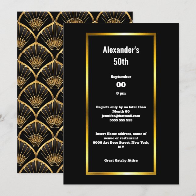 Art deco minimalist plain black gold gatsby theme invitation (Front/Back)