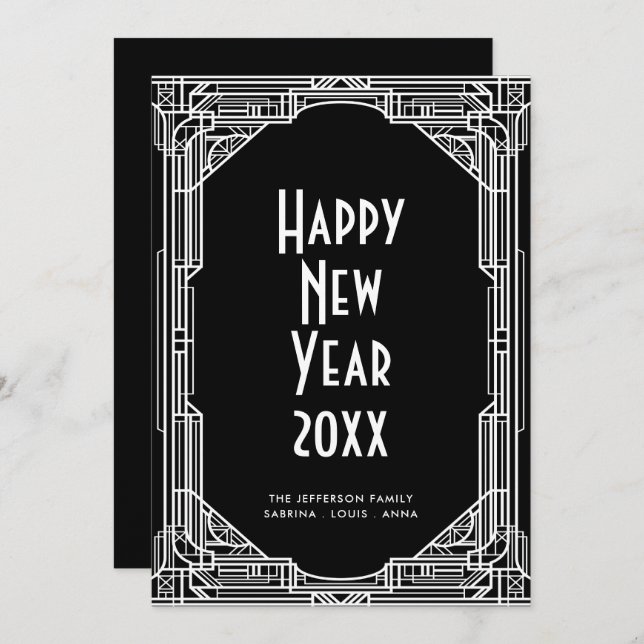 Art deco minimalist retro Happy New Year's card (Front/Back)