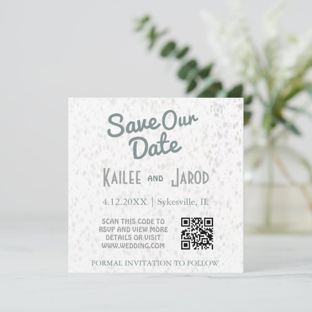 Art Deco Minimalist Teal and Grey QR code Save The Date (Standing Front)
