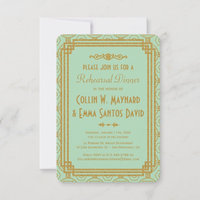 Art Deco Mint Rehearsal Dinner Invites (Front)