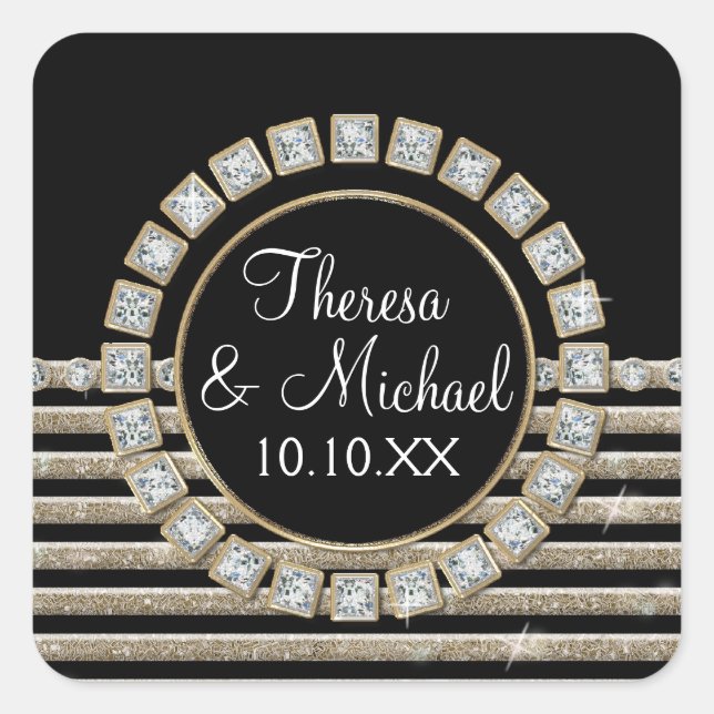 Art Deco Modern Horizontal Stripe Glitter Look Square Sticker (Front)