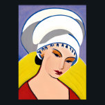 Art Deco Modern Lady in a Turban Poster<br><div class="desc">Poster in a modern,  semi-abstract,  Art Deco inspired portrait of a lady in red with a white turban,  against a yellow and blue -grey background</div>