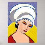 Art Deco Modern Lady in a Turban Poster<br><div class="desc">Poster in a modern,  semi-abstract,  Art Deco inspired portrait of a lady in red with a white turban,  against a yellow and blue -grey background</div>