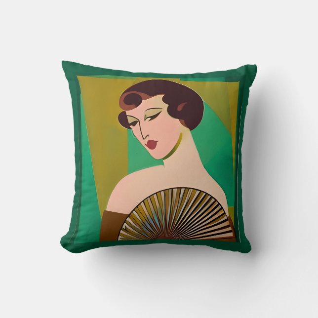 Art Deco Modern Lady with a Fan Throw Pillow (Front)